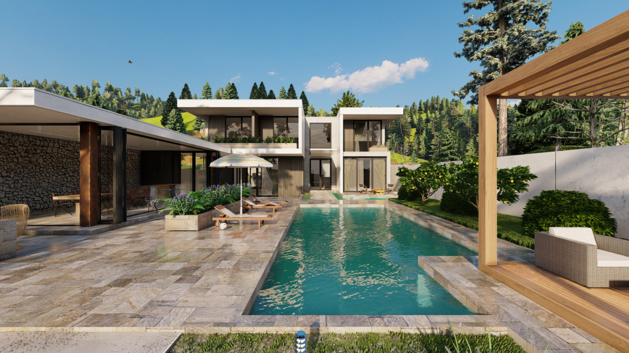 Villa au bord du lac dans 3d max Standard image