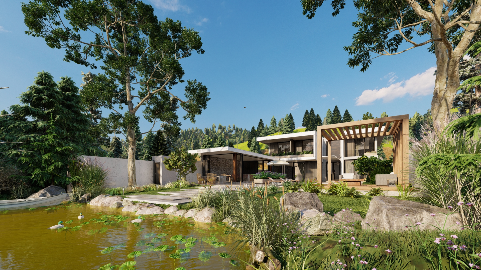 Villa au bord du lac dans 3d max Standard image