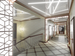 3D concept of the entrance hall and corridors of an office building. (Video attached)