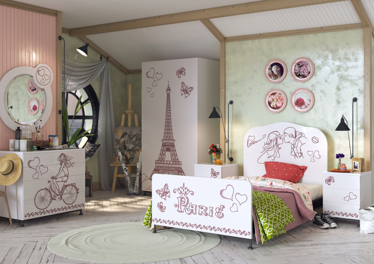 Kinderzimmer „Paris“ in 3d max corona render Bild