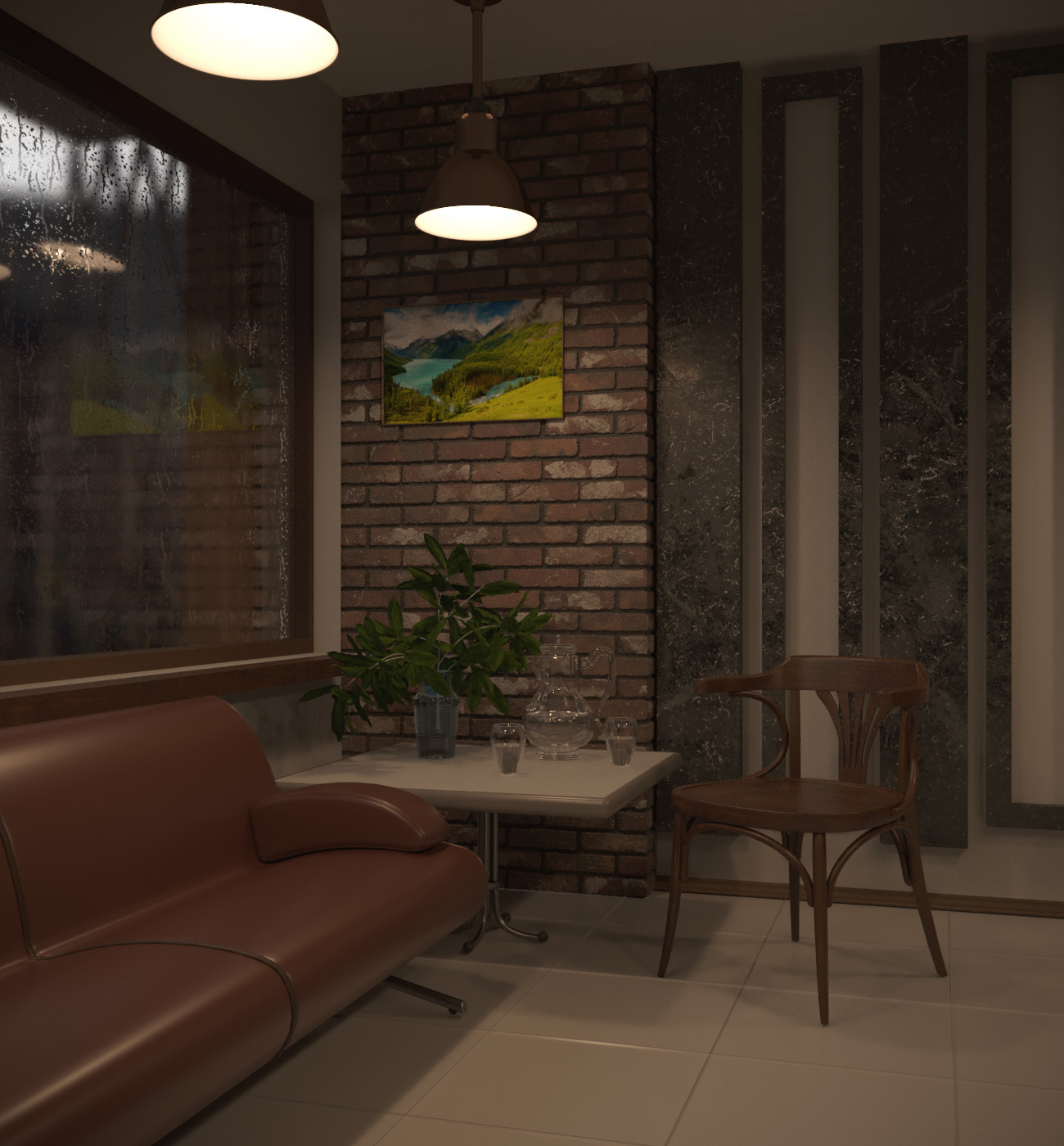 Dia chuvoso, em, café em 3d max corona render imagem