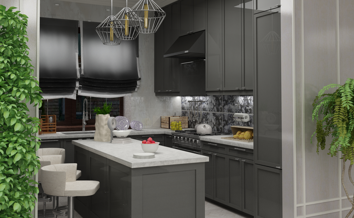 imagen de estilo neoclásico cocina -salón en 3d max vray 3.0