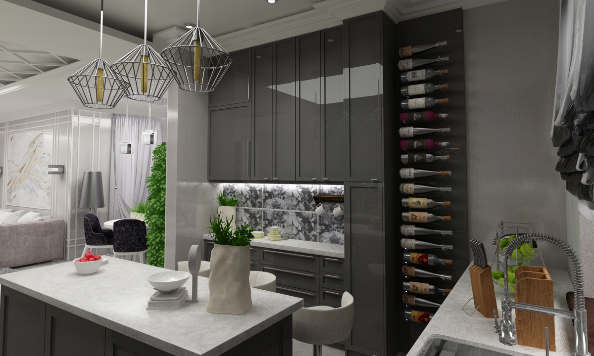 imagen de estilo neoclásico cocina -salón en 3d max vray 3.0