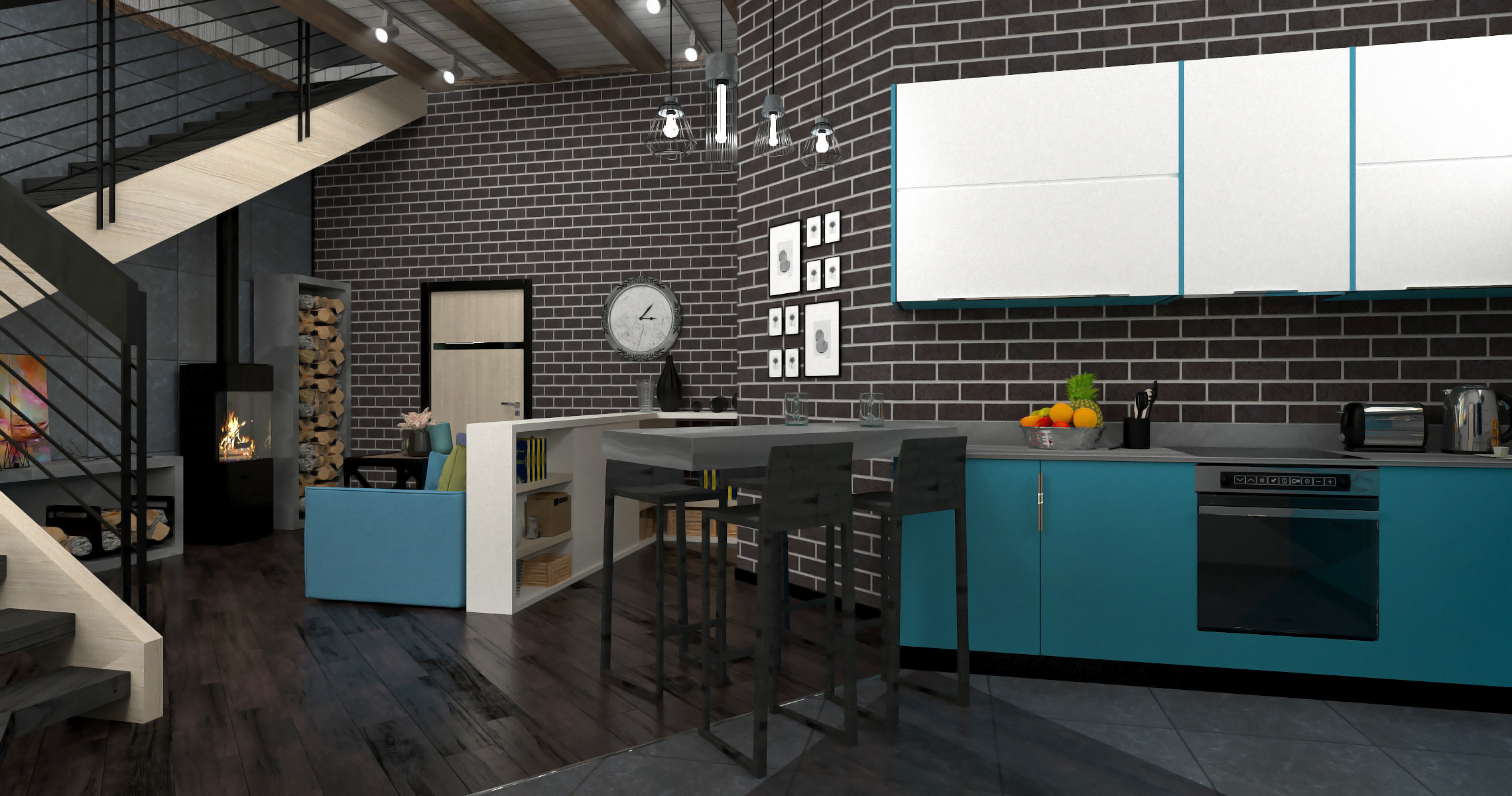 Interiore di una cucina-soggiorno in 3d max corona render immagine