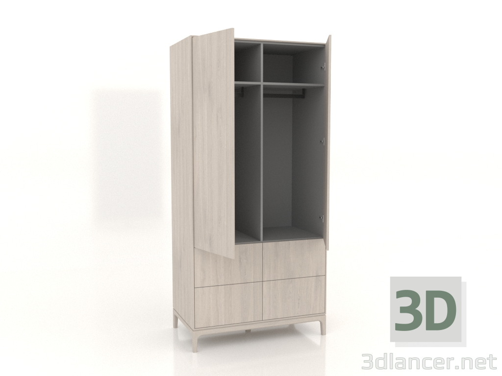 modèle 3D Armoire FARGO 1050x600x2200 mm (chêne blanchi, 2 portes, 4 tiroirs, ouverte) - preview