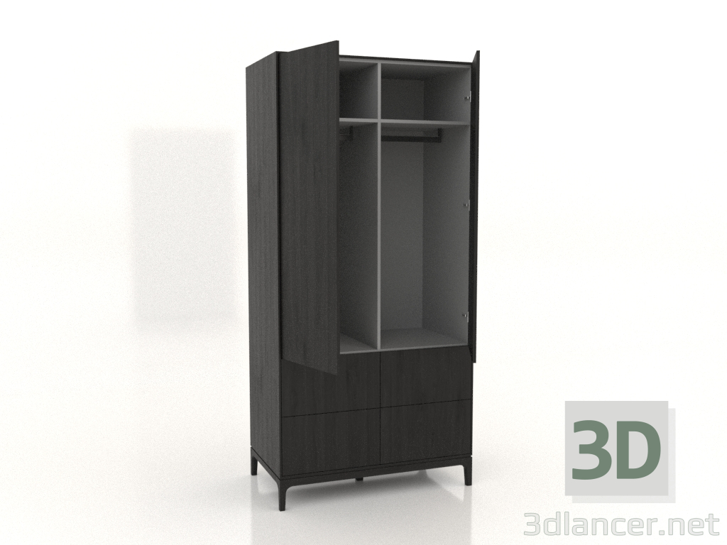 modello 3D Armadio FARGO 1050x600x2200 mm (rovere nero, 2 ante, 4 cassetti, aperto) - anteprima