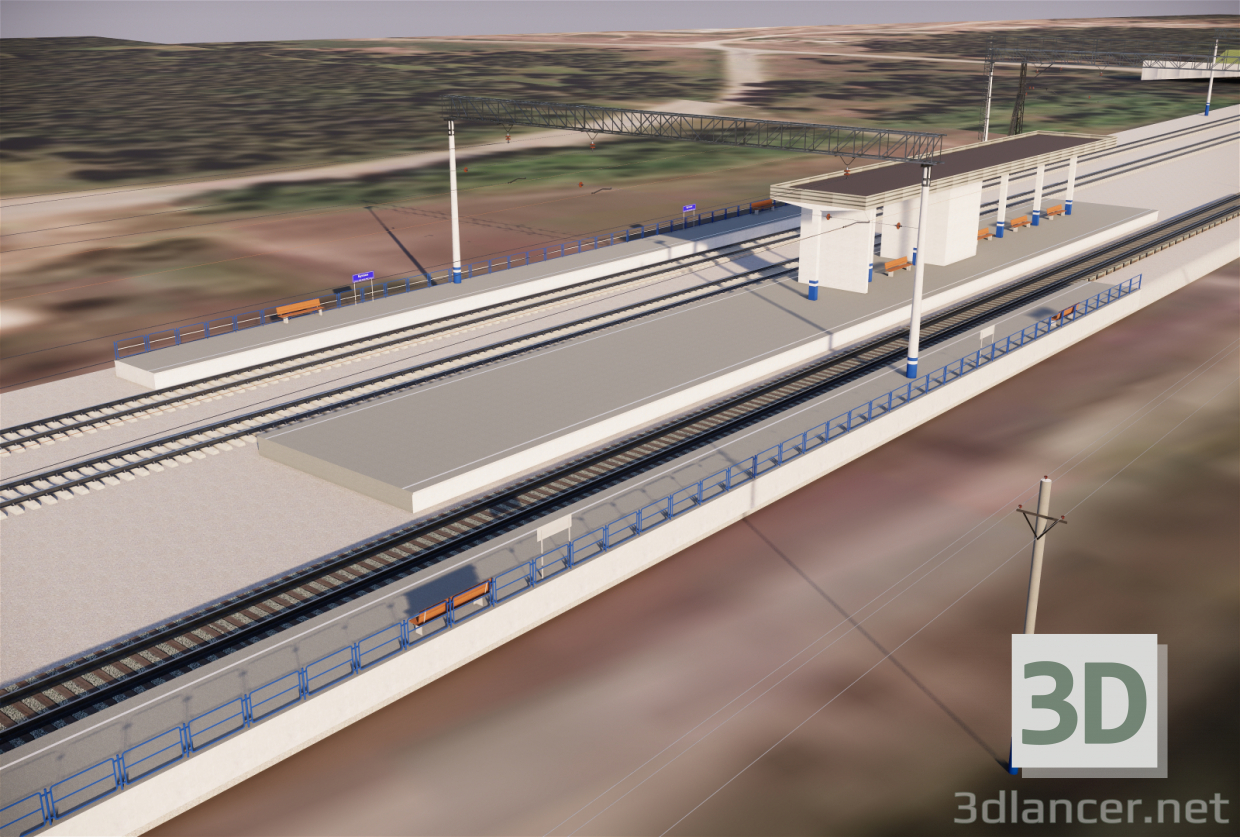 Ferrocarril de tres vías, parada Butaki 3D modelo Compro - render