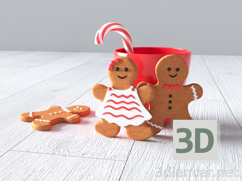 modèle 3D Nouvel an (biscuits garçon et fille, mug, bonbons) - preview