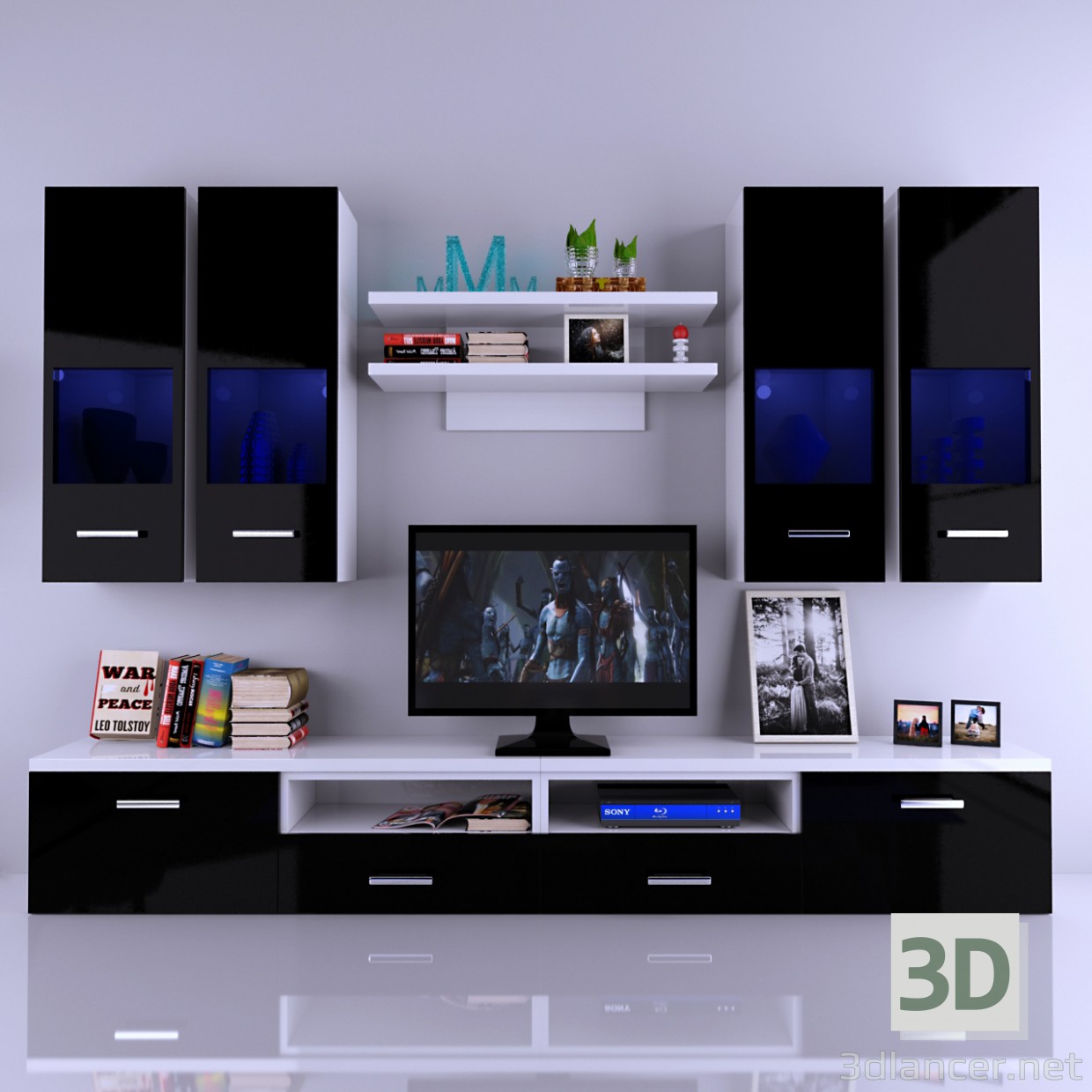 Modelo 3d Tv-Nero de parede com a decoração. Parede de TV - preview