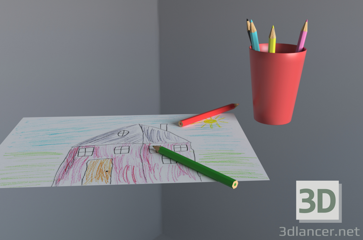 modello 3D di Matite colorate in un bicchiere e disegno per bambini comprare - rendering