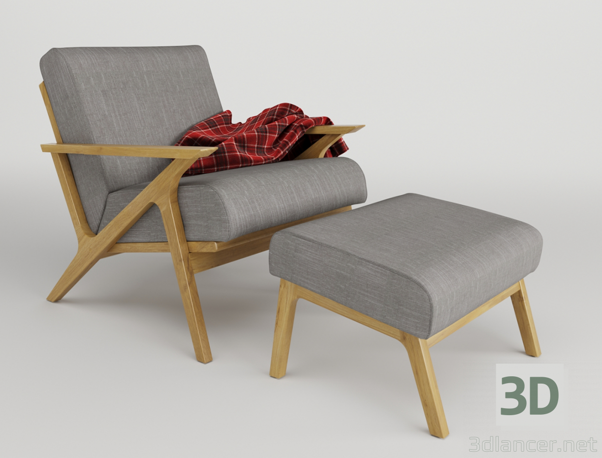 lounge_armchair_with_pouf (hölzerner Liegestuhl mit Hocker) 3D-Modell kaufen - Rendern