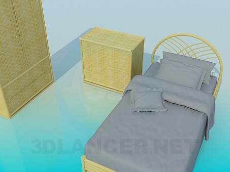 3d model Conjunto de muebles de mimbre en el dormitorio - vista previa