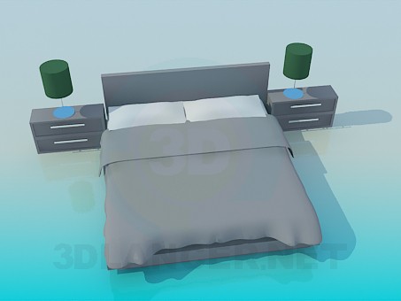 3d model cama de matrimonio con armarios - vista previa