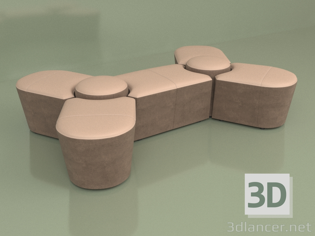 3D Modell Sofa-Pouf Molecule 5-Sitzer (Leder-Samt) - Vorschau