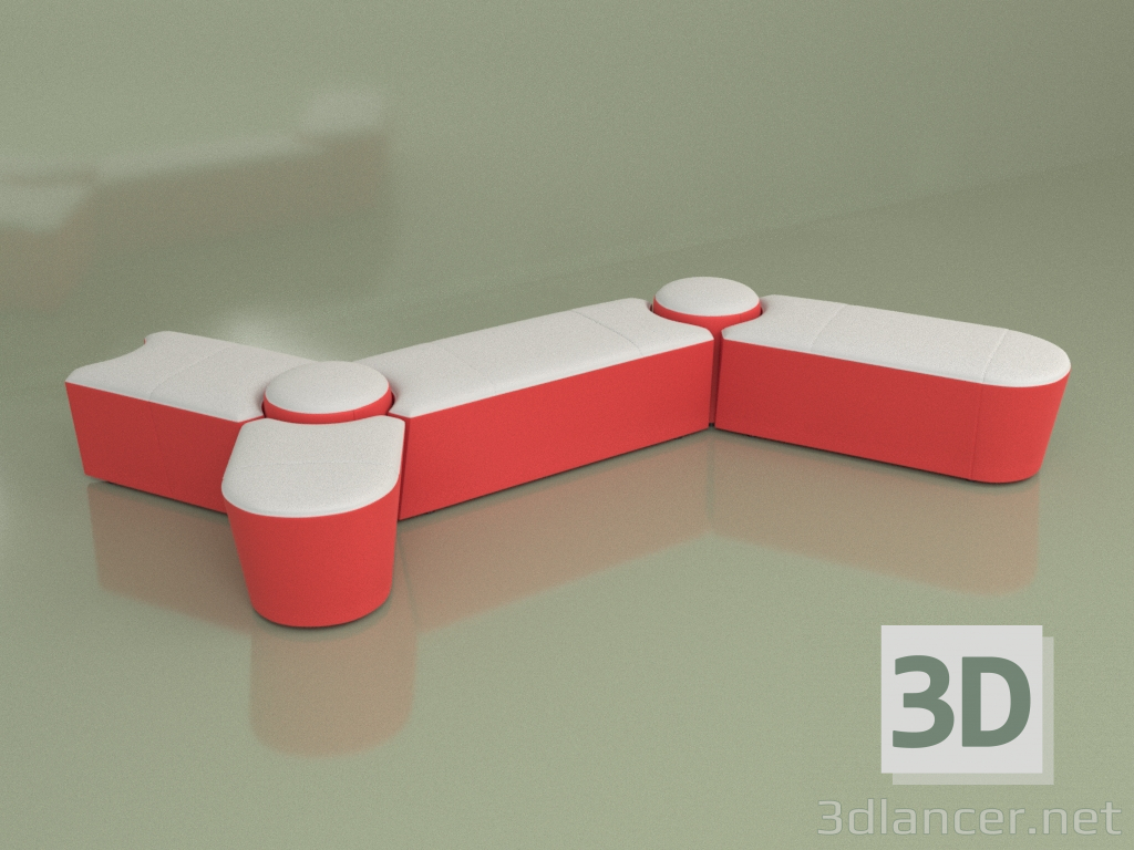 3D Modell Sofa-Pouf Molecule 6-Sitzer (Leder Weiß-Rot) - Vorschau