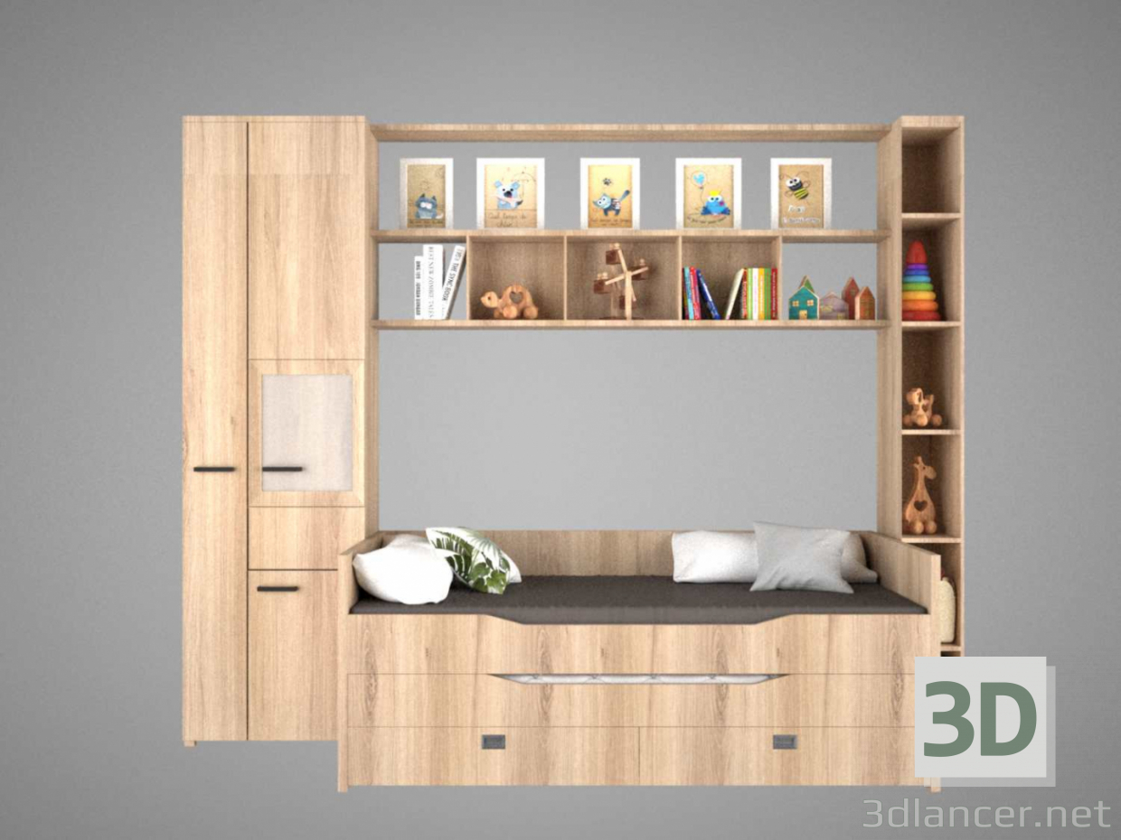 3d model Children's bed with shelving and decors. - preview