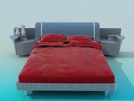 3D Modell Bett mit Nachttischen - Vorschau