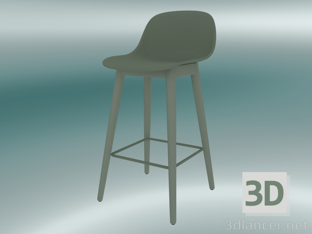 3d model Silla de bar con base de madera y respaldo de fibra (H 65 cm, verde polvoriento) - vista previa