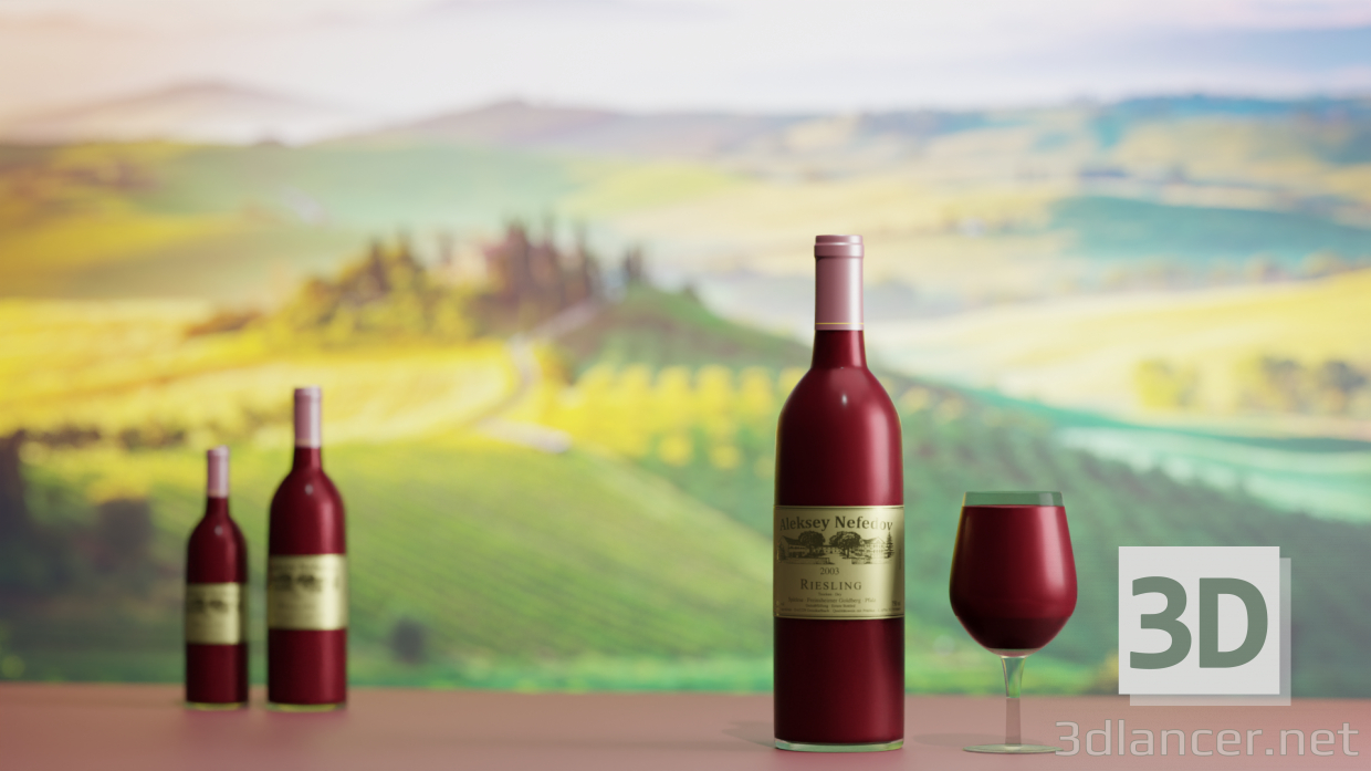 3d Wine bottle and wine glass model buy - render