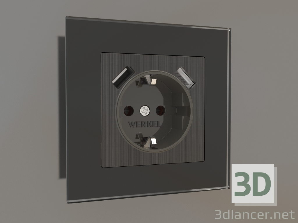 3d model Toma con toma de tierra y 2 USB tipo A (bronce) - vista previa