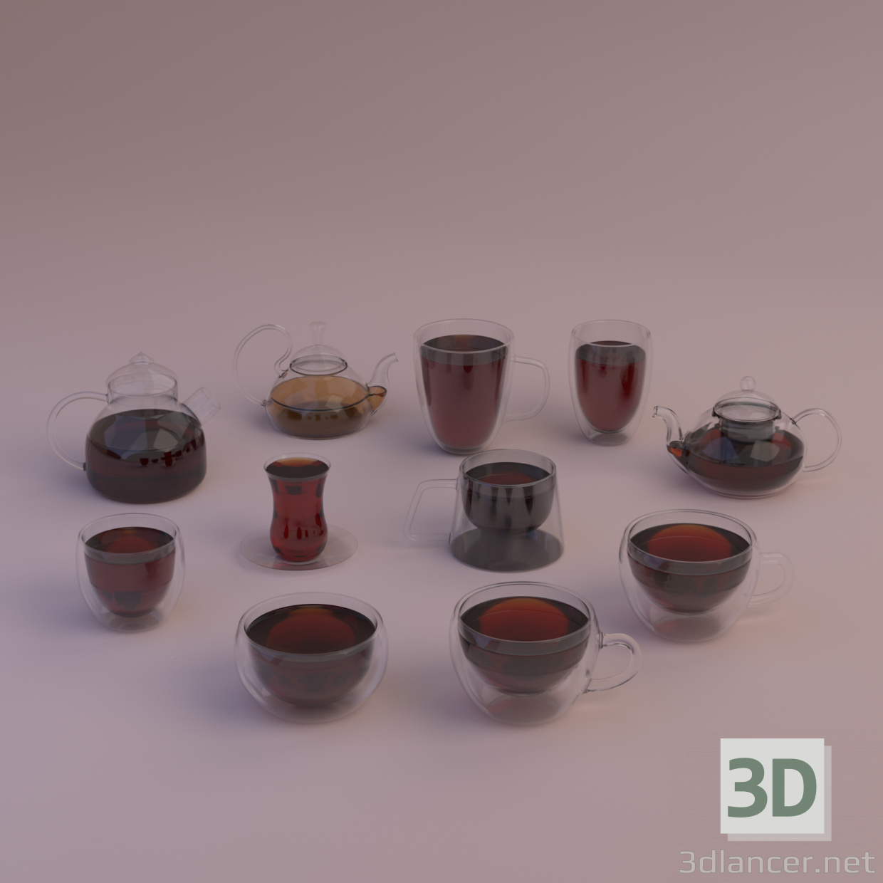 3D Cam bardak ve çaydanlıklar modeli satın - render