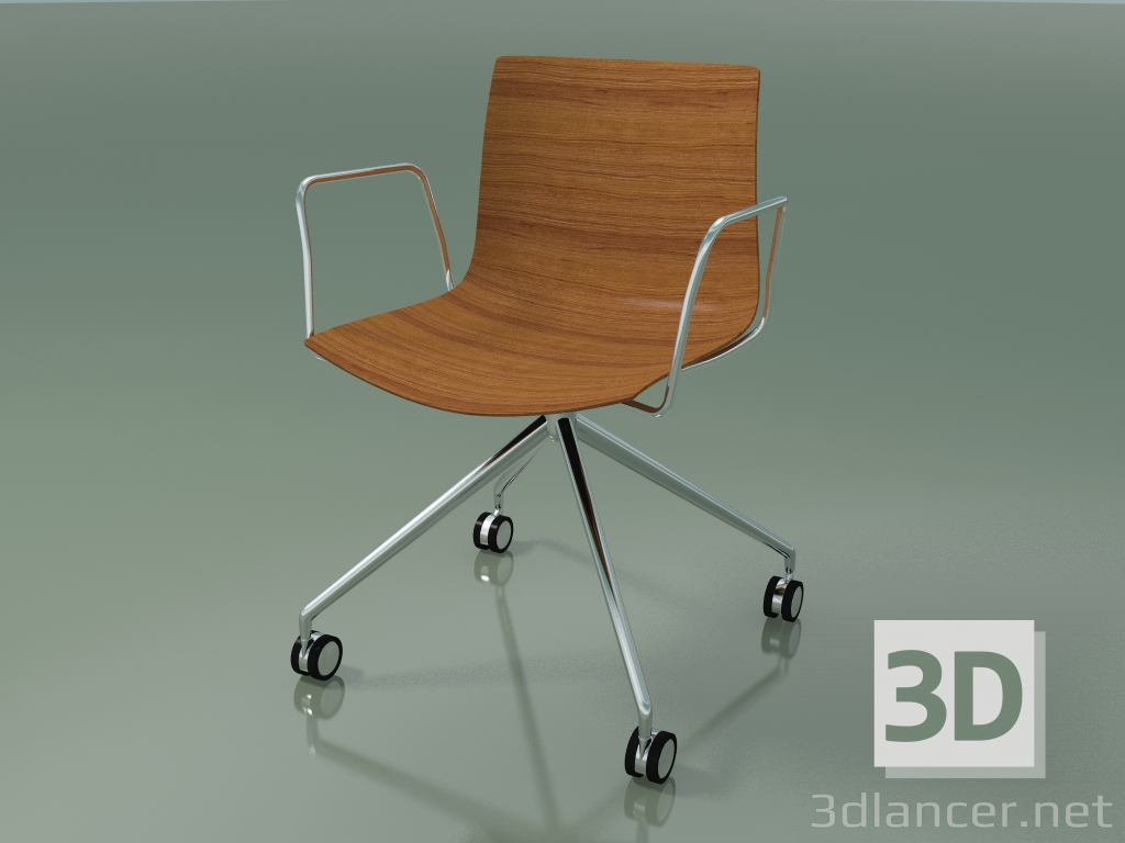 modello 3D Sedia 0386 (4 ruote, con braccioli, LU1, senza rivestimento, effetto teak) - anteprima