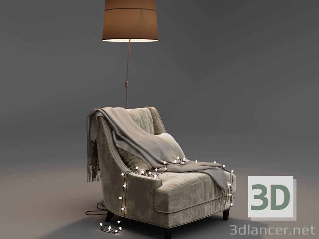 modello 3D di Poltrona con ghirlanda e lampada da terra comprare - rendering