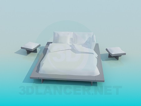 modello 3D Letto queen size con tabelle - anteprima