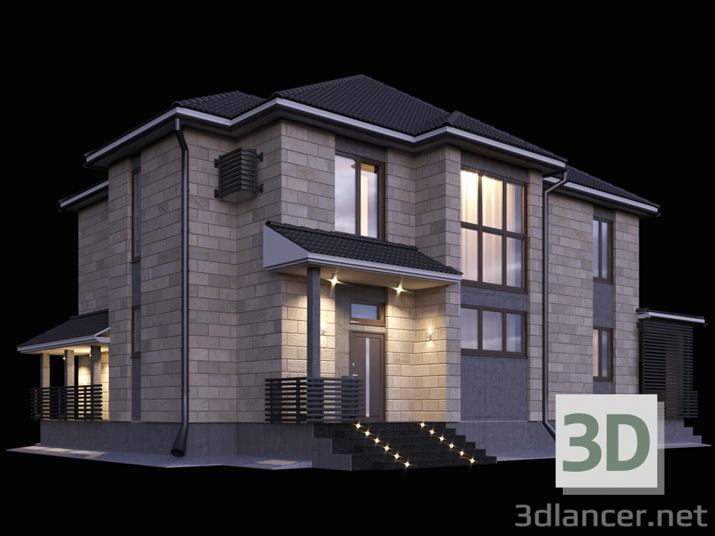 3d Two-storey house with a terrace model buy - render