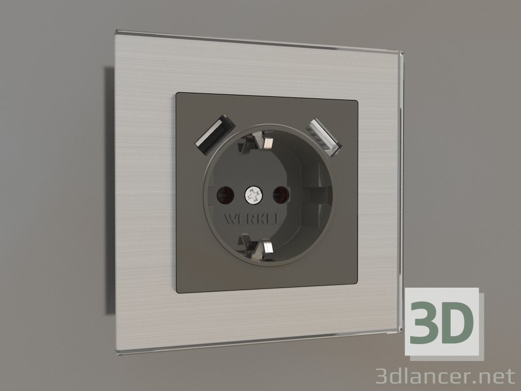 modèle 3D Prise avec mise à la terre et 2 USB type A (gris-marron) - preview