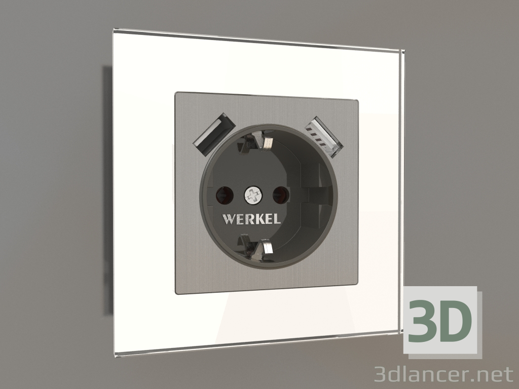 modèle 3D Prise avec mise à la terre et 2 USB type A (nickel brossé) - preview