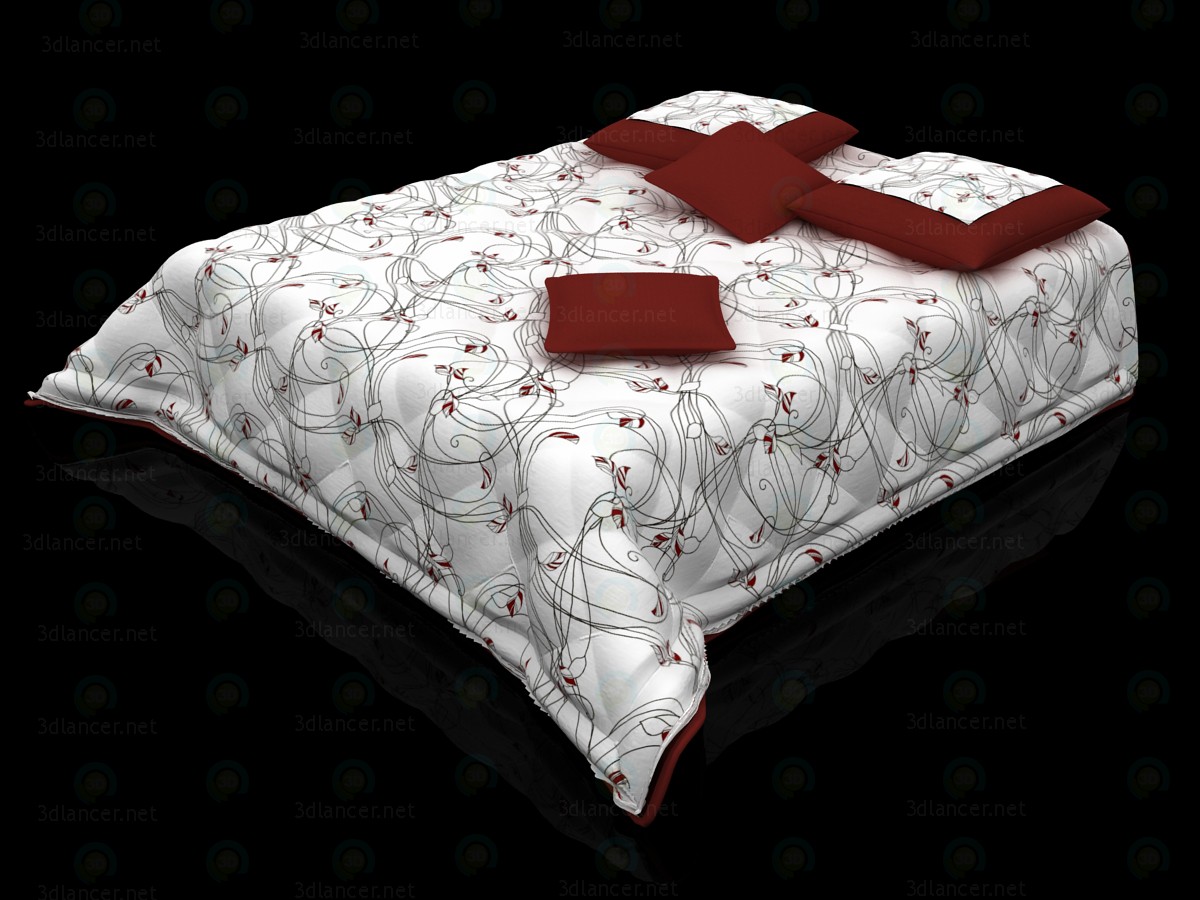 3d Quilted bedcover and pillows on the bed model buy - render