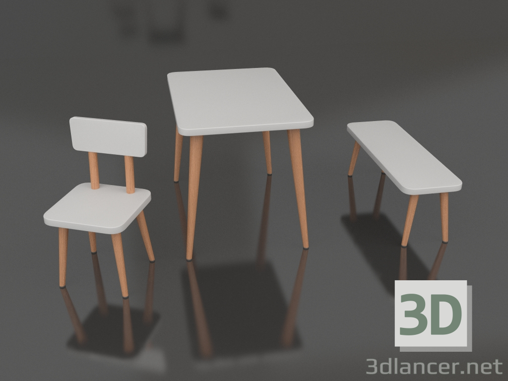 Modelo 3d Mesa infantil, cadeira e banco com pés de madeira - preview