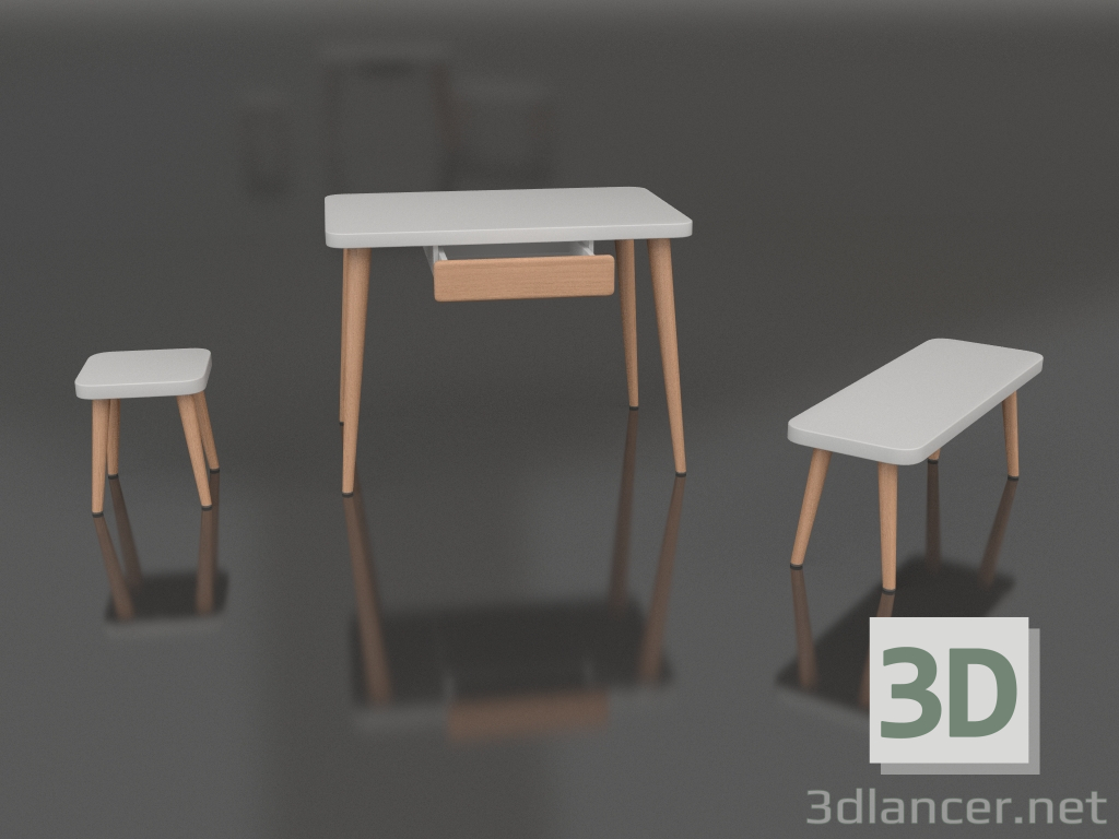 3D Modell Tisch mit Schublade + Bank + Hocker - Vorschau