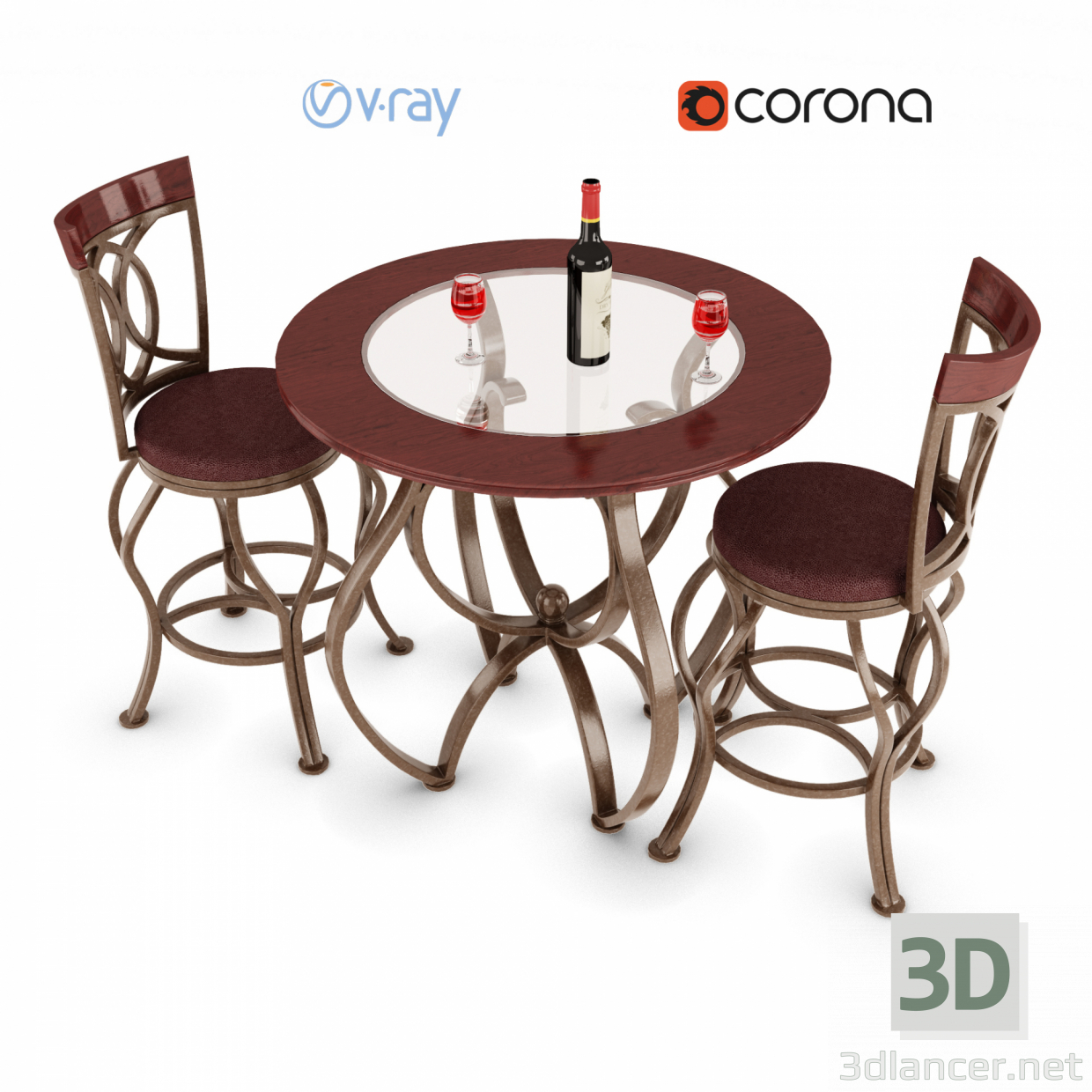 3d 3 Piece Counter Height Matte Brown Bar Stool and Bistro Table Set model buy - render