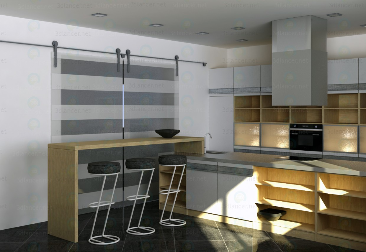 3d Kitchen with island, modern minimalist style model buy - render