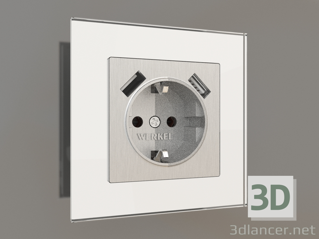 Modelo 3d Tomada com aterramento e 2 USB tipo A (ranhura prateada) - preview