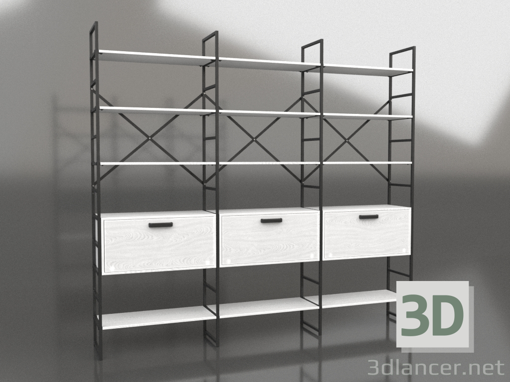 3d model Rack with closed shelves (3 sections) - preview