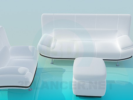 modèle 3D Ensemble blanc comme neige: canapé, fauteuil et pouf - preview