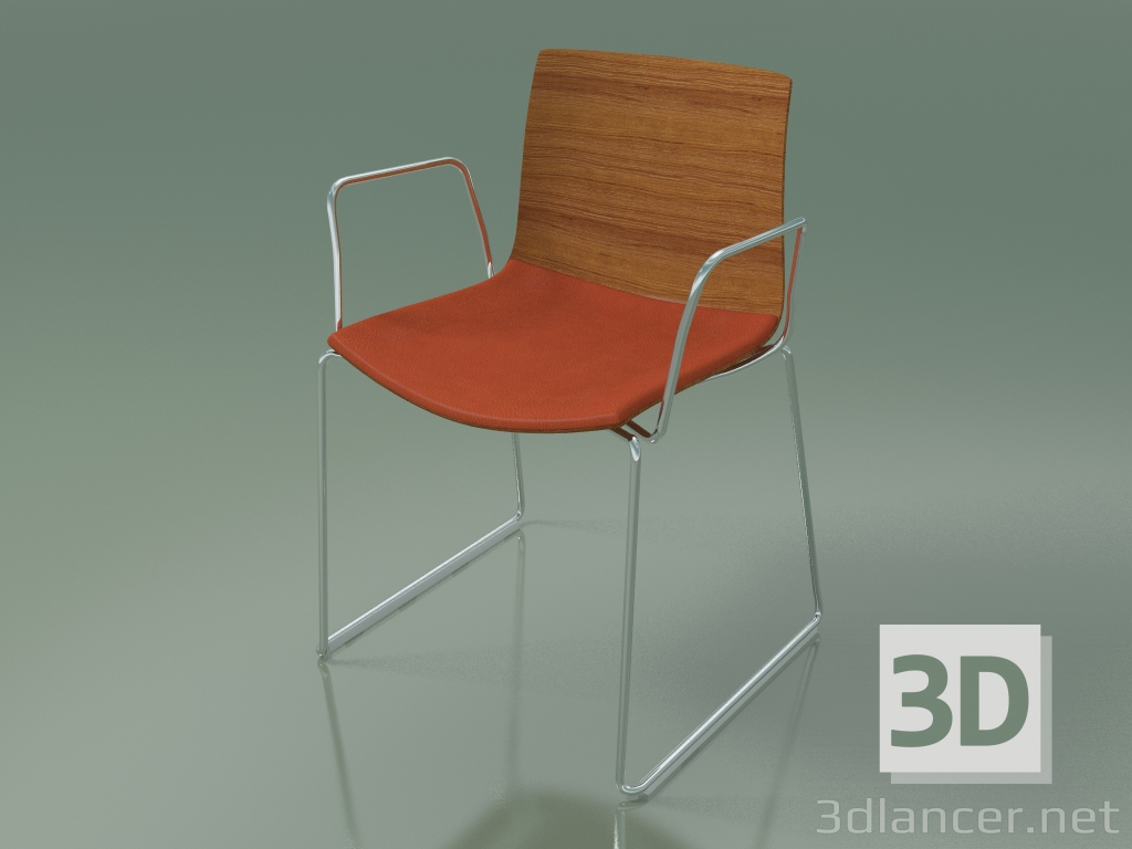 modèle 3D Chaise 0452 (sur un toboggan avec accoudoirs, avec un oreiller sur le siège, effet teck) - preview