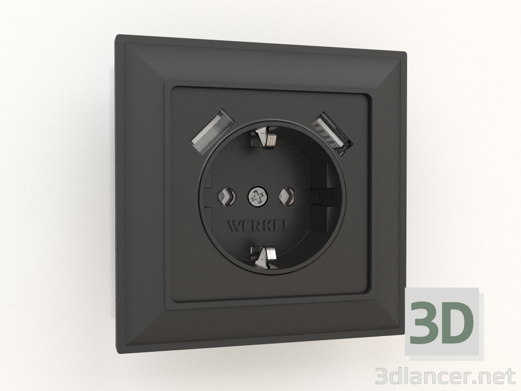 Modelo 3d Tomada com aterramento e 2 USB tipo A (preto fosco) - preview