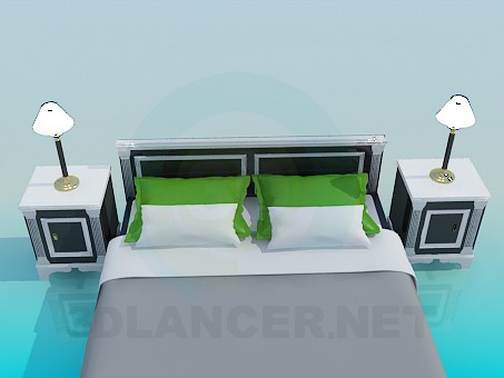 Modelo 3d Cama de casal com mesas de cabeceira - preview