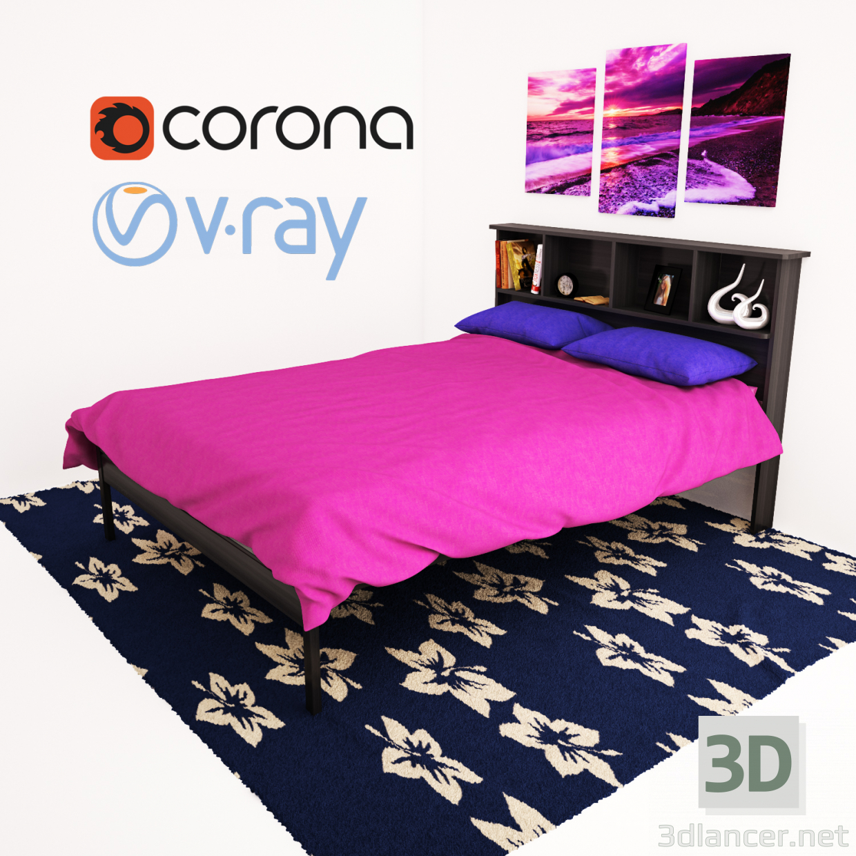 3d DARK CAPPUCCINO FULL DOUBLE BED WITH BOOKCASE HEADBOARD модель купить - ракурс