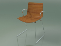 Silla 0387 (sobre rieles con reposabrazos, sin tapizado, efecto teca)