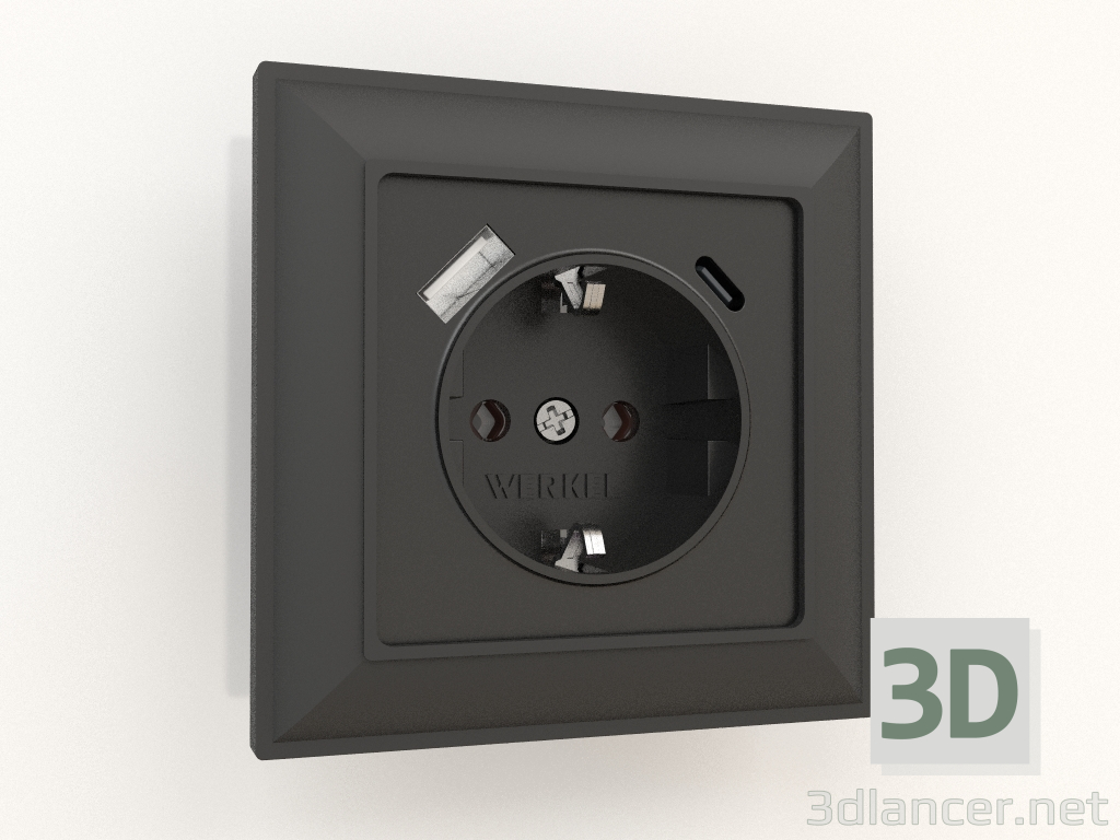 Modelo 3d Tomada com carregamento rápido USB tipo A + C (preto fosco) - preview