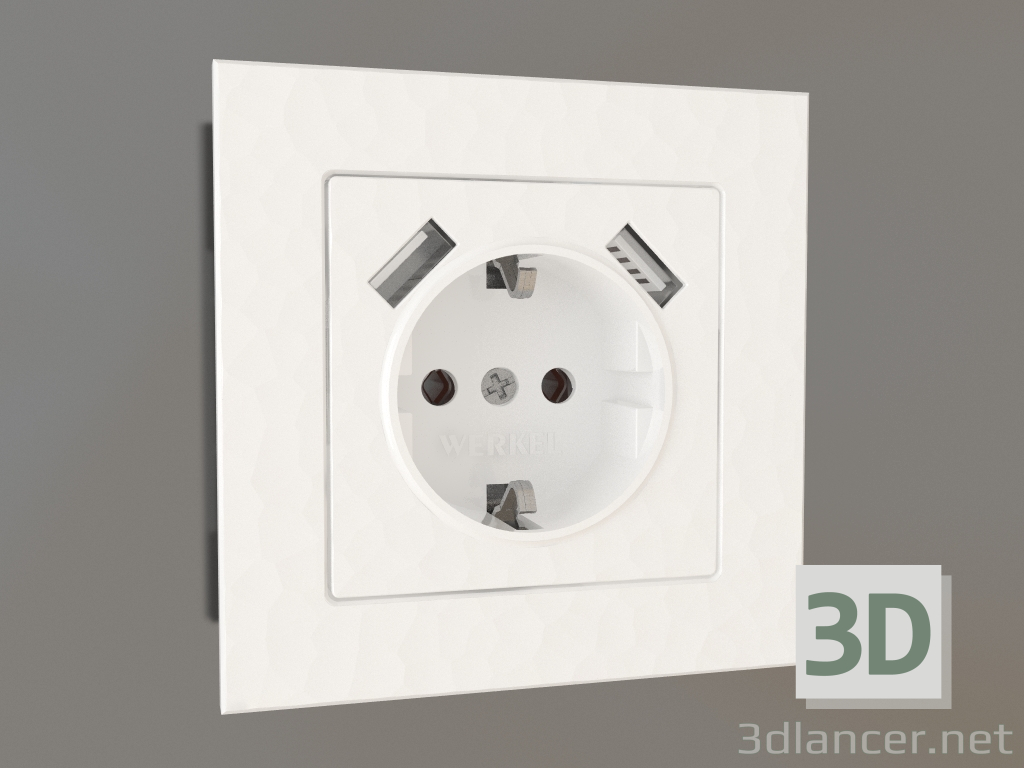 Modelo 3d Tomada com aterramento e 2 USB tipo A (martelo branco) - preview