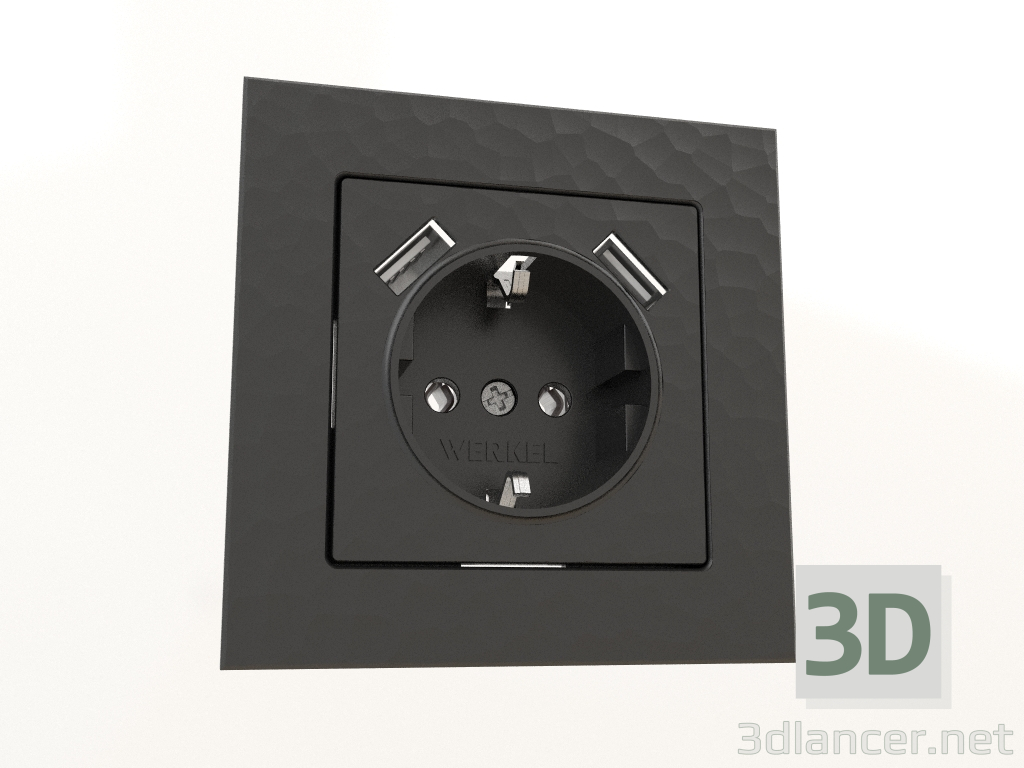 Modelo 3d Tomada com aterramento e 2 USB tipo A (martelo preto) - preview