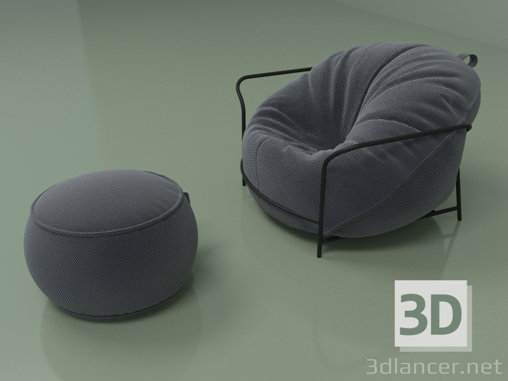 modello 3D Poltrona Uni con pouf (blu scuro) - anteprima