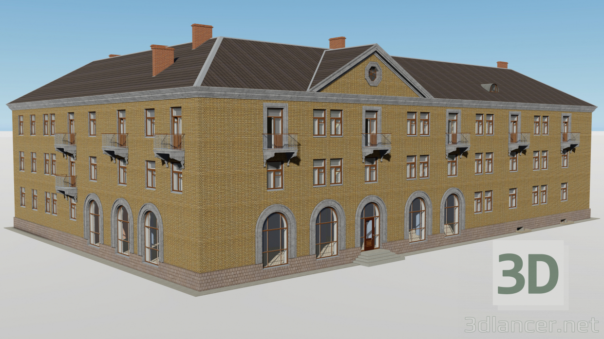 modello 3D di Edificio d'angolo di tre piani con un negozio 1-353-4 comprare - rendering