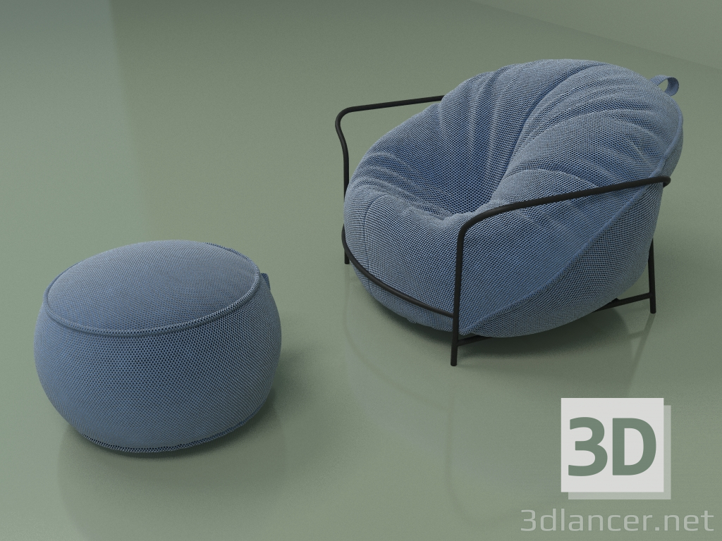 3d model Sillón Uni con puf (azul) - vista previa